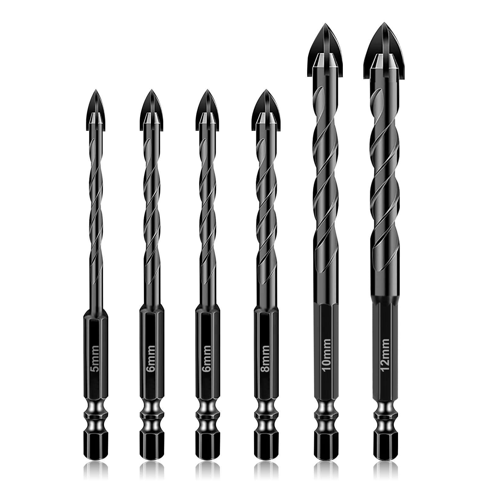 Flintronic Masonry Drill Bits,6PCS(5,6,6,8,10,12mm) Tungsten Carbide Masonry Alloy Twist Drill Set, for Ceramic Tiles, Concrete, Brick Walls, Glass, Mirrors, Plastic and Wood Masonry Drill Bit Kits