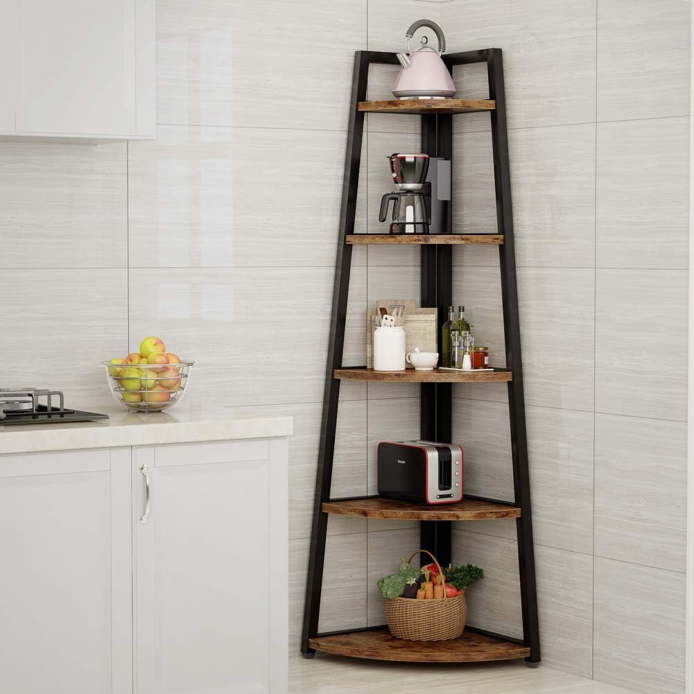 Tribesigns 70 inch Tall Corner Shelf, 5 Tier Rustic Corner Bookshelf Industrial Corner Ladder Shelf Small Bookcase Plant Stand for Living Room, Kitchen, Home Office: Kitchen & Dining