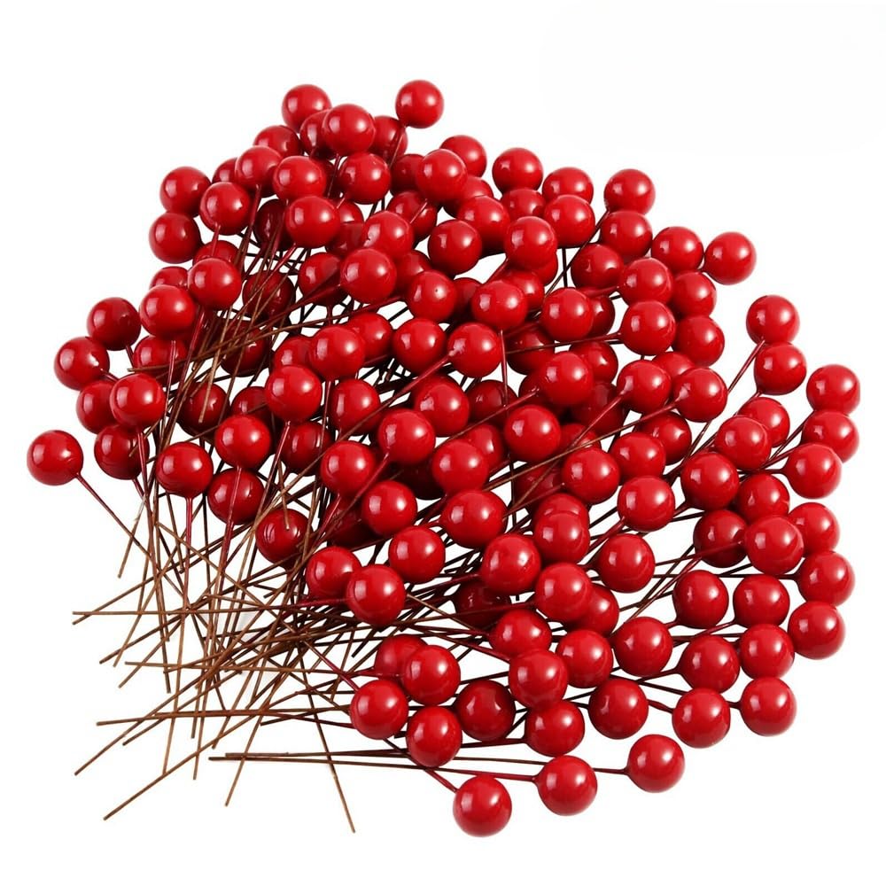 FS-PINGXIANG 200PCS Artificial Red Cherry Holly Berries Christmas Decorations, Festive Xmas Tree Ornaments, Hanging Berry Sprays for Wreath Garland DIY Craft, Holiday Home Party Decor