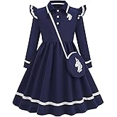 Uleecca Girls Long Sleeve Polo Dress Toddler School Uniform Causal Dresses with Shoulder Bag 3-8Y