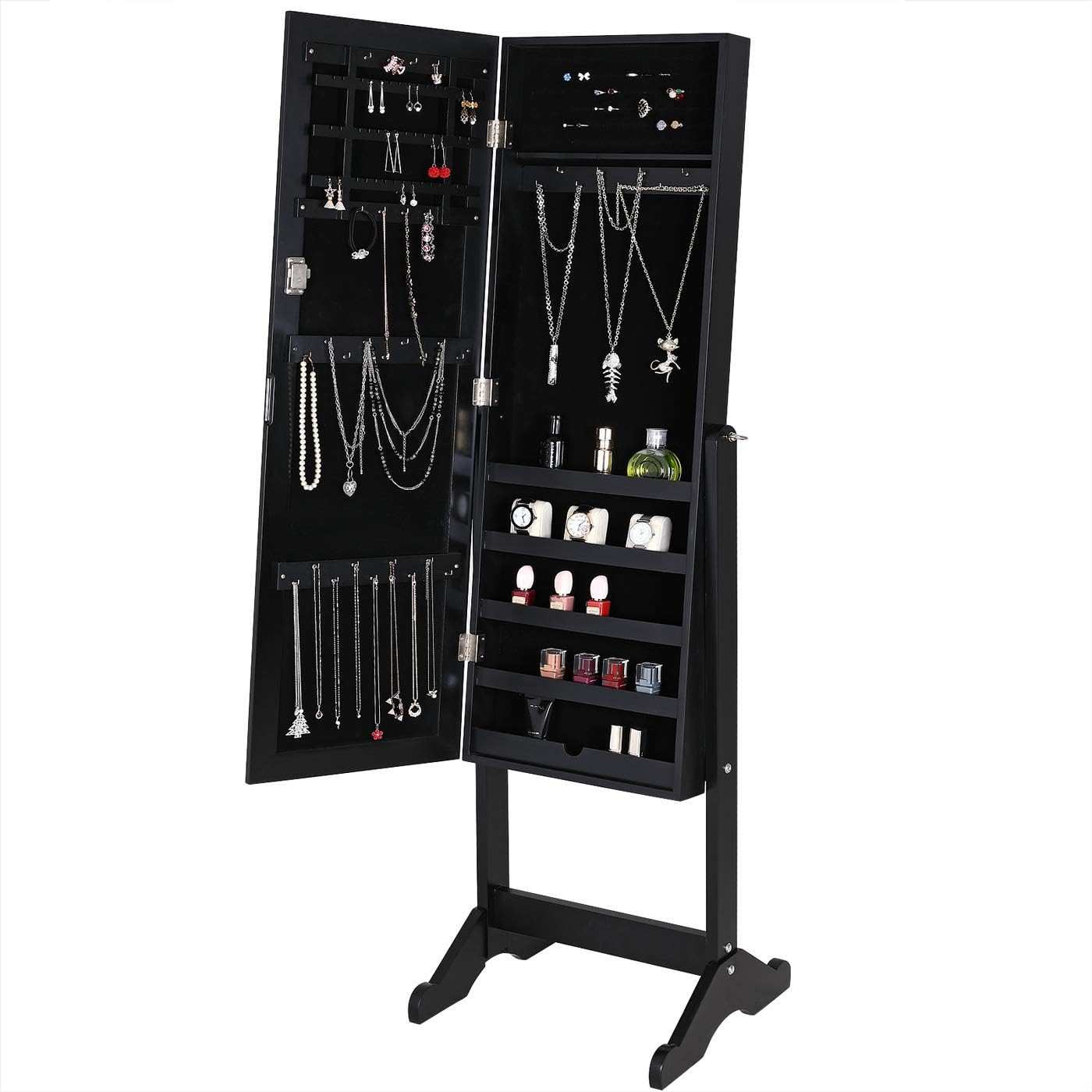 Deuba Jewellery Mirror Cabinet Free Standing Lockable Adjustable White Or Black Large Organizer Bedroom Furniture Contemporary Pivotable Cupboard