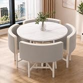 TrixmEsque Round Table and Chairs Set of 4, Modern Dining Table Set for 4, Kitchen Small Spaces, Office Conference Room Grey and White Leather