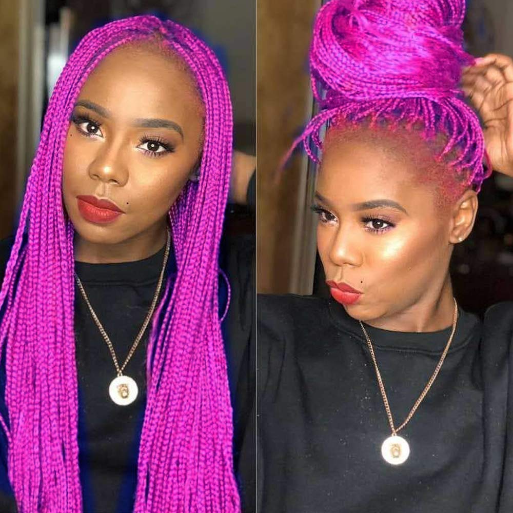 Hot Pink Braided Wigs for Women Hand Knoted-Braided Lace Hair Wigs Purple Synthetic Hair Box Braid Lace Front Wigs for African American Daily Party Use 26inches