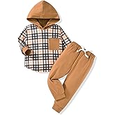 HINTINA Toddler Little Boy Plaid Sweatsuit Outfits Long Sleeve Hooded Sweatshirt Hoodie Fall Winter Clothes Clothing Set
