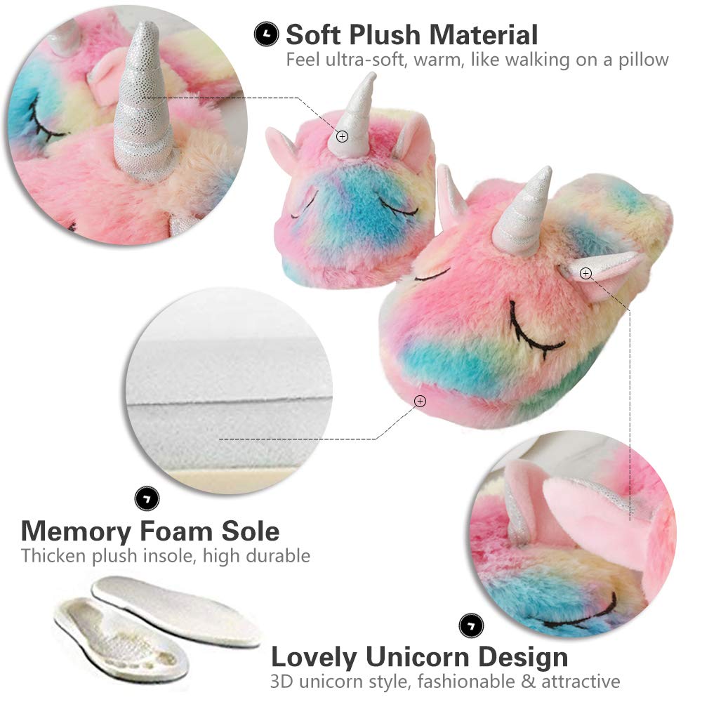Women\'s Unicorn Slippers Animal Cute Fluffy Indoor Memory Foam Open Back Funny Home
