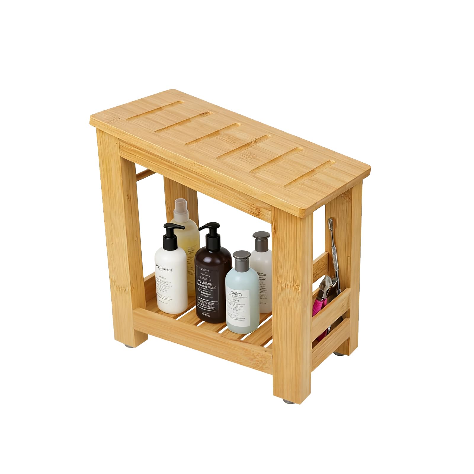 Photo 1 of Forest Manor Bamboo Shower Foot Rest Stool for Shaving Legs & Pedicure, Non-Slip Bathroom Foot Step with Storage Pocket, Solid & Water-Resistant,Natural