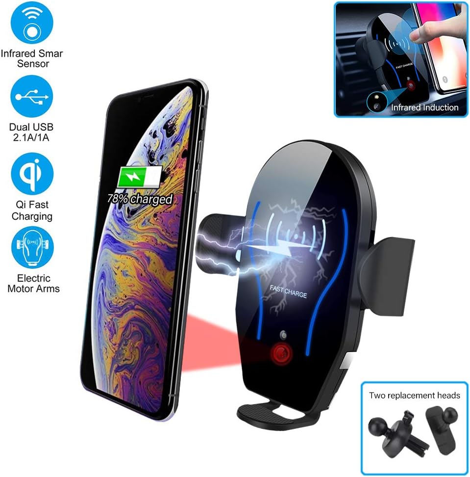 Rtwrtne Car Wireless Charger, Air Vent Phone Holder Mount Infrared Smart Sensing Automatic Clamping 10W Qi Fast Wireless Charging Cradle for Cell Phone Dual USB (black)