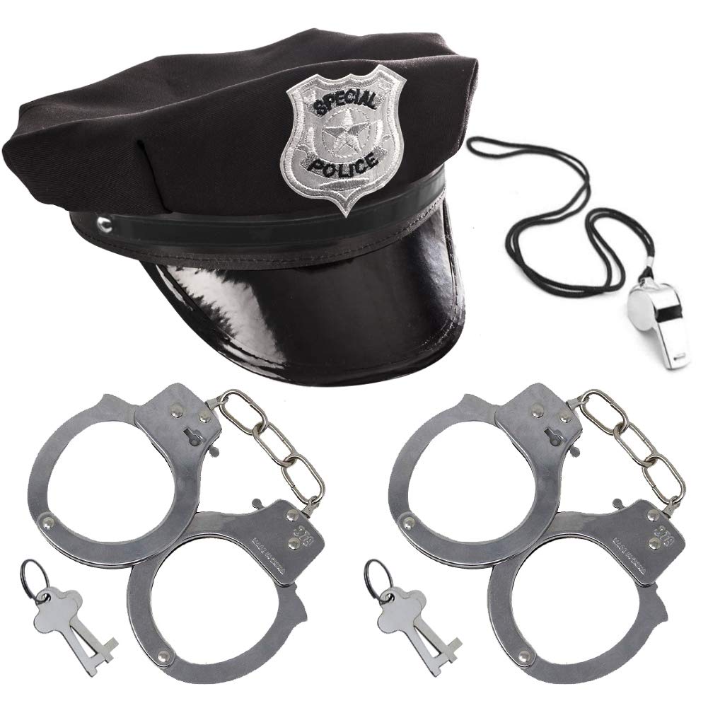3 Otters Police Hat, Whistle, Handcuffs Party Set - 4 PCS Stocking Stuffers for Kids' Cosplay & Dress Up