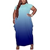 Fooullaide Women Casual Plus Size Dress Summer Short Sleeve V Neck T Shirt Loose Oversize Flowy Long Dresses with Pocket