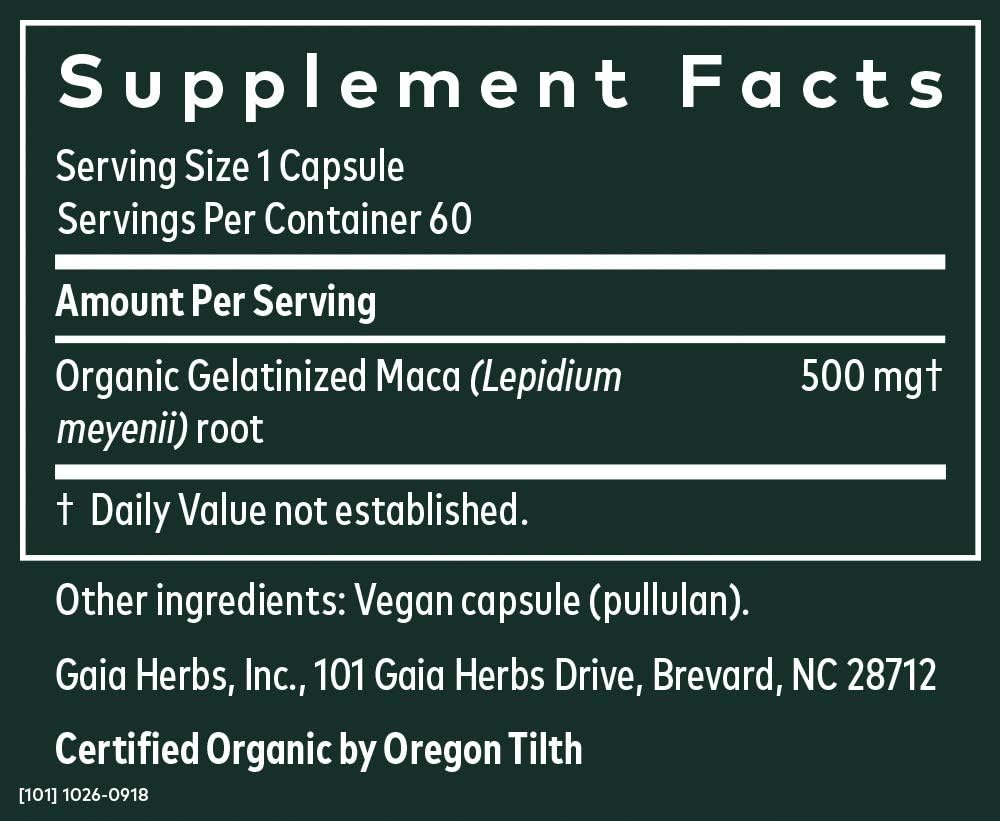 Gaia Herbs Maca Root Capsules, Vegan Gelatinized, 60 Count - Supports Energy, Stamina, Healthy Libido & Hormone Balance, Made with Organic Peruvian Maca Powder: Health & Personal Care