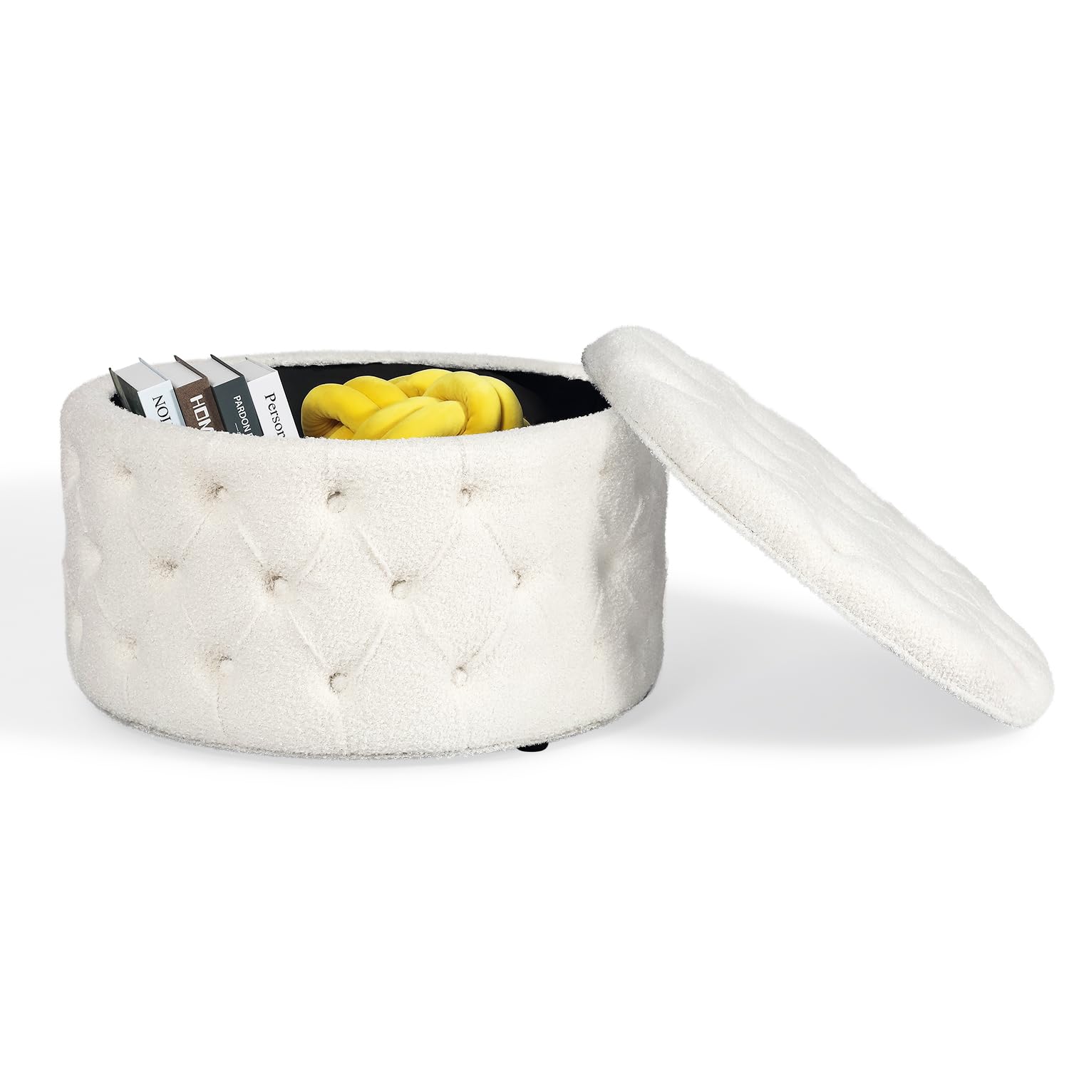 Homebeez 28 Inch Faux Fur Round Storage Ottoman, Button Tufted Footrest Stool Bench Coffee Table for Living Room,White Image