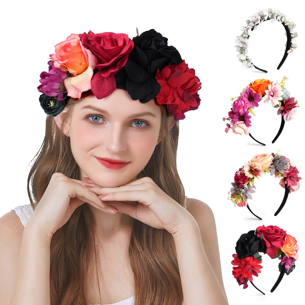 LOPHE Floral Crown Headband, Bride Bridesmaid Large Rose Flower Tiara, Wedding Flower Hairband, Big Mexican Flowers Crown, Halloween Cosplay Party Floral Hairband for Women Girls, D