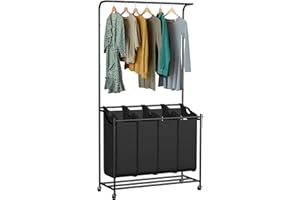 HIDODO Laundry Sorter 4 Sections, Rolling Laundry Sorter Cart with Hanging Bar, Laundry Organizer Hampers for Laundry Room (Black)