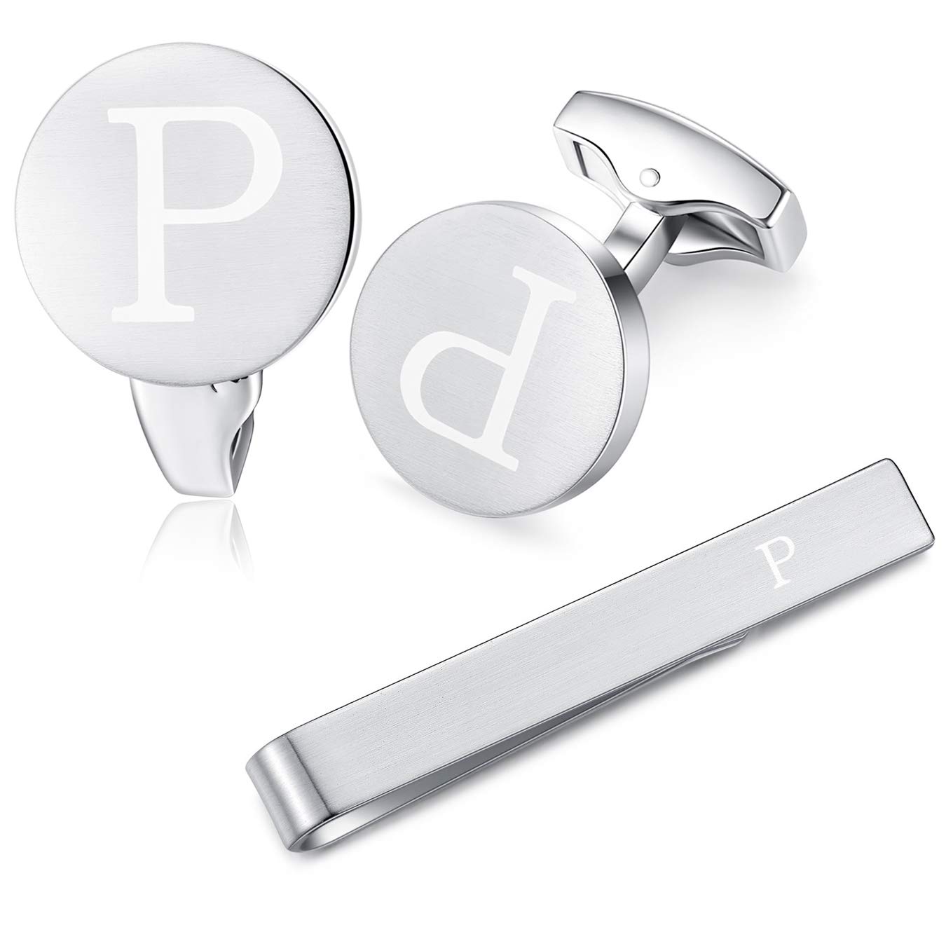 HONEY BEAR Initial Alphabet Letter Cufflinks Skinny Tie Clip Set for Mens Shirt - Round Stainless Steel, for Skinny Narrow Tie Business Wedding Gift,Brushed Silver,4cm (P)