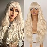 QD-Tizer Blonde Wig With Bangs Platinum 613 Blonde wigs For Women Long Wavy Curly Blonde Wig for Women Pre Plucked Natural Hair Heat Resistant Fiber Wig for Girl Colorful Cosplay Wigs