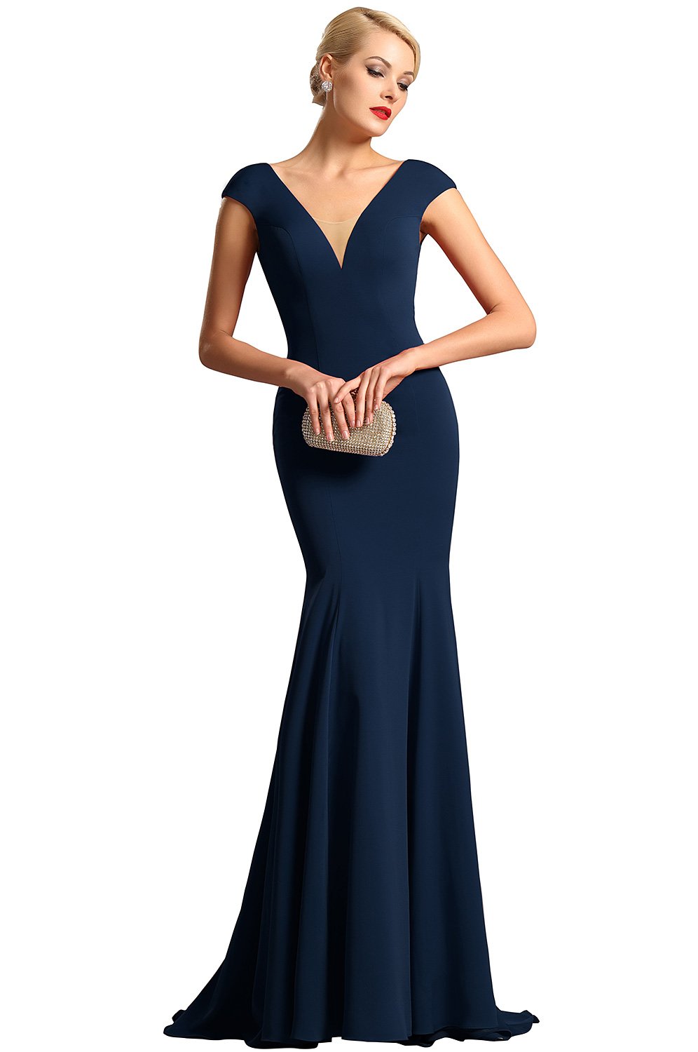 eDressit Capped Sleeves Plunging Neckline Navy Blue Formal Dress (00161258)