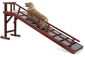 KUVETO Dog Ramp for Bed or Couch, Wooden Pet Ramp with 20° Gentle Slope, Removable Side Rails, Non-Slip Surface, Top Platform & Wheels, Safe Bed Ramp for Small, Medium & Senior Dogs, 74" Long, Mahogany