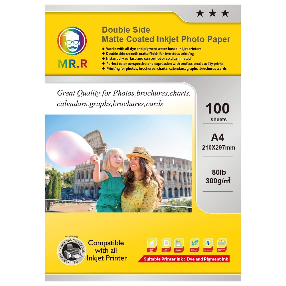 MR.R Double Side Matte Coated Inkjet Photo Paper 300gsm,A4 210 x 297mm 100 Sheets per Pack