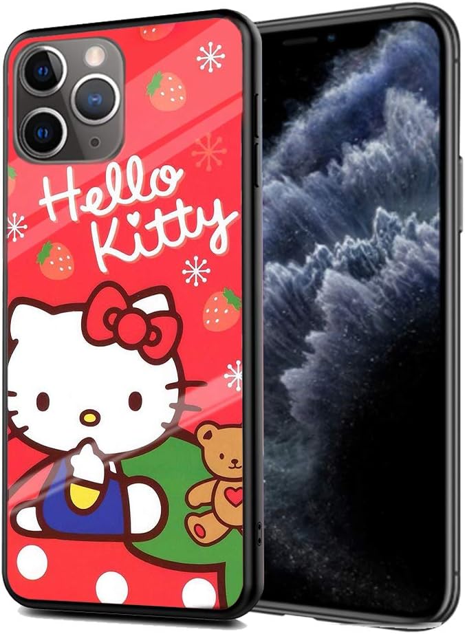 Y2PKZISTORE iPhone 11 Case, Tempered Glass Back Cover + TPU Frame Hybrid Shell Hello Kitty Cute Cartoon Cases Silicone Shockproof Anti-Scratch Cover Compatible for Apple iPhone 11(6.1 inch)#C