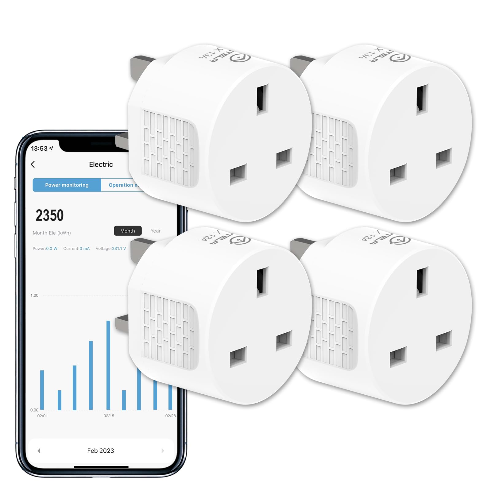 ANTELA Smart Plug with Energy Monitoring, 2,4GHz WiFi Plug, Smart Life APP Wireless Remote Control with Timer Function, Compatible with Alexa and Google Home, 13A (4 Packs)