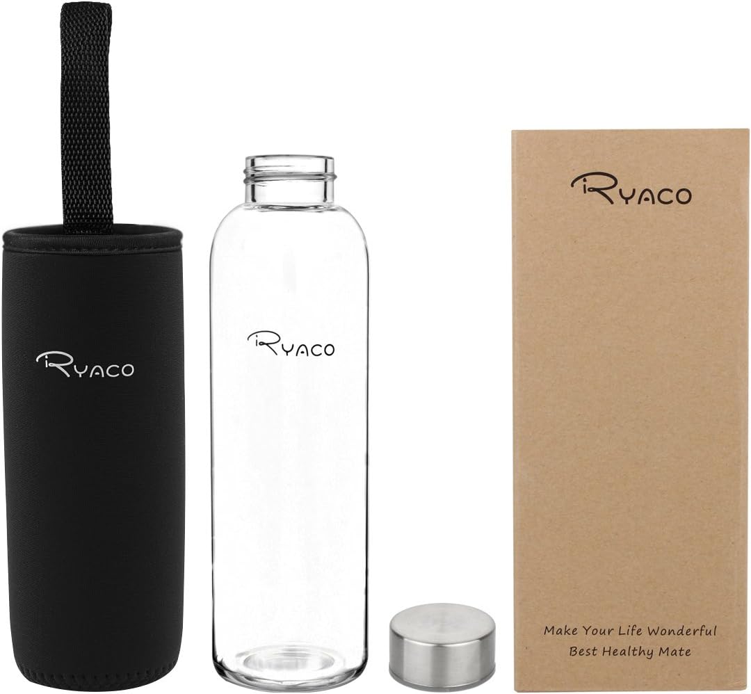 RYACO Glass Water Bottle 550ml/18oz,Borosilicate Glass Bottle with Neoprene Protective Case for Hot Cold Drinks,BPA-Free Leak Proof,Sport Water Bottles with Sponge Brush,Dishwasher Safe - Image 3