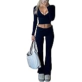 TDCoool Women 2 Pieces Outfits Long Sleeve Deep V-Neck Casual Crop Top Top Wide Leg Flare Pants Suit Comfy Loungewear Yoga