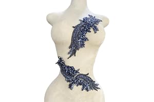 AKIKO.CC 1 Pair Handmade Beaded Crystal Patches Bodice Lace DIY Applique Patches Accessory for Dress Clothes 35X12cm (Deepblue)