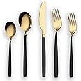 Berglander 20 Piece Titanium Black And Golden Plated Stainless Steel Flatware Set, Black Handle With Golden Mouth Silverware Set Black And Golden Cutlery Set Service for 4 (Shiny Black,Shiny Golden)