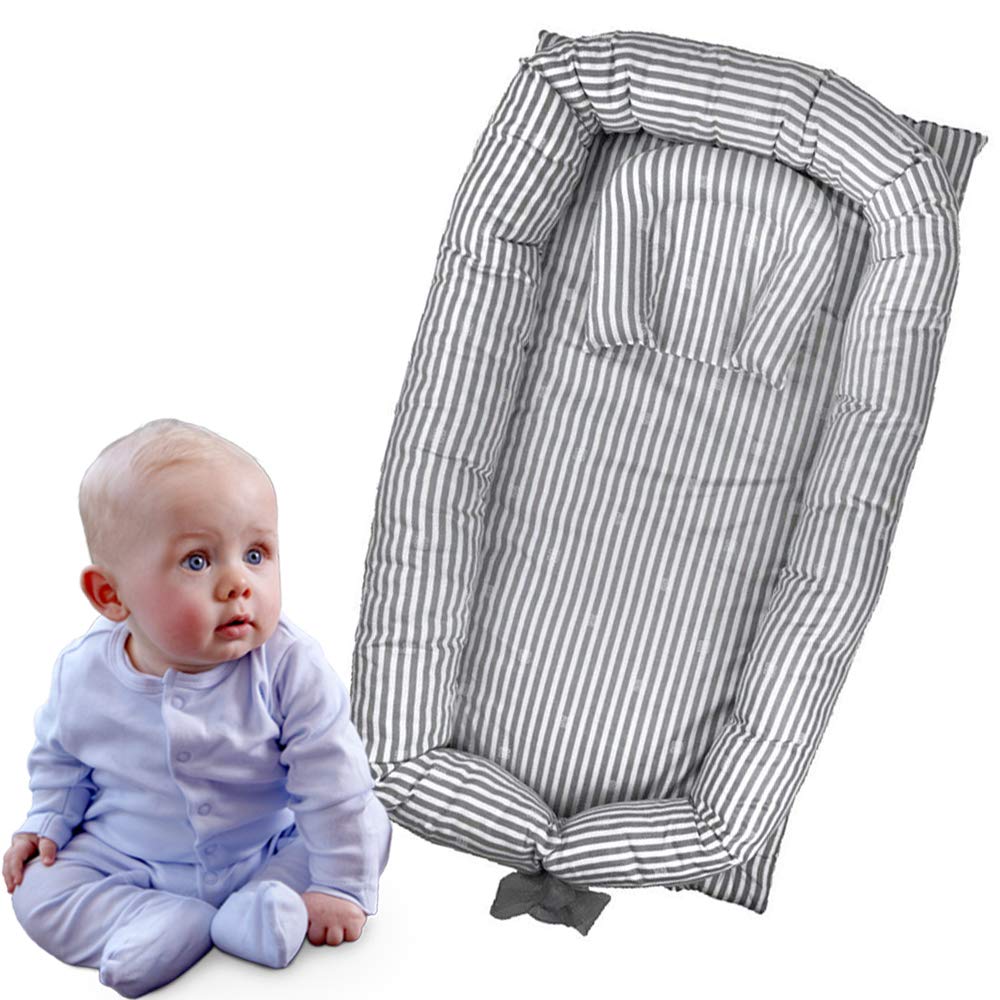 Brandream Portable Crib for Bedroom/Travel - Grey Striped Newborn Baby Bassinet/Lounger/Nest/Cot Bed, 100% Soft Breathable Cotton