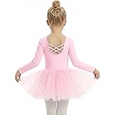 Gogokids Long Sleeve Ballet Leotards for Girls Crisscross Back Dance Outfit with Shiny Skirt Leotard 4-12Years