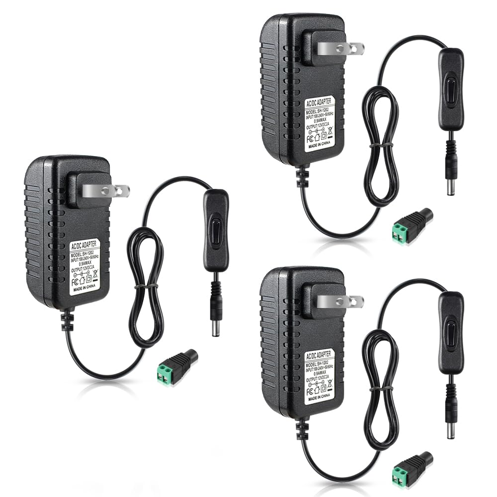 View 1 of 12V Power Supply, 12 Volt 2A 24W DC Power Supply with On Off Switch, Black Switching LED Power Adapter, AC 110V to 12V Transformer Plug for LED Strip Lights with 5.5/2.1 DC Female Connector, 3 Pack