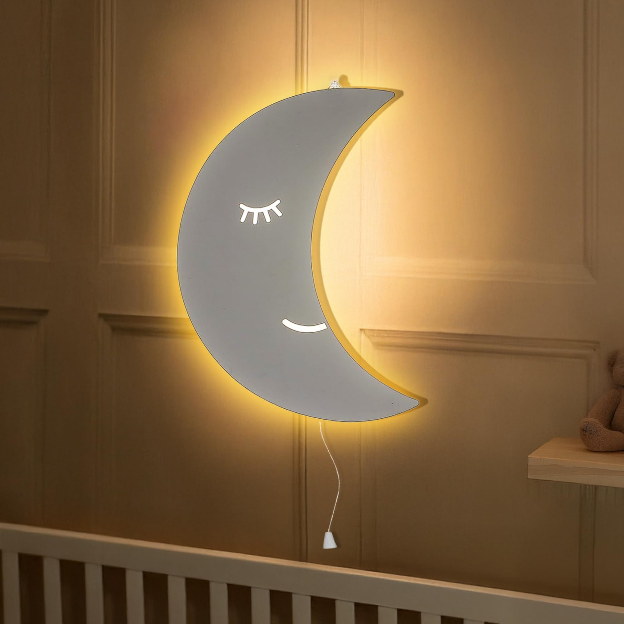 Marco Paul Moon White Wooden Night Light Wall Mounted Nursery Lighting Baby Kids Childs Room Wall Lamp Bedroom Décor Bedside Lamp Crescent Moon
