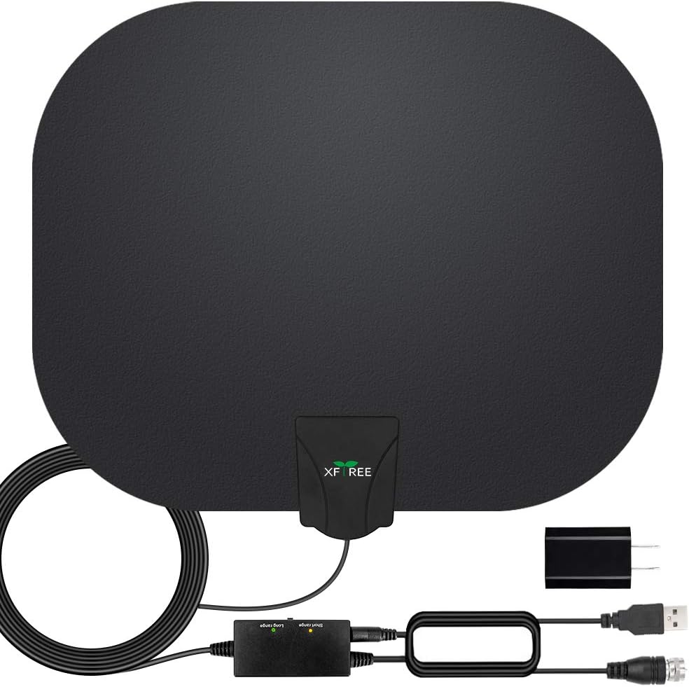 HD Antenna, 2020 Newest Indoor Digital TV Antenna 80-150 Miles with Range Amplifier Signal Booster 4K 1080P Free Local Channels Support All TV,17ft Coax Cable/USB Power Adapter (Black)