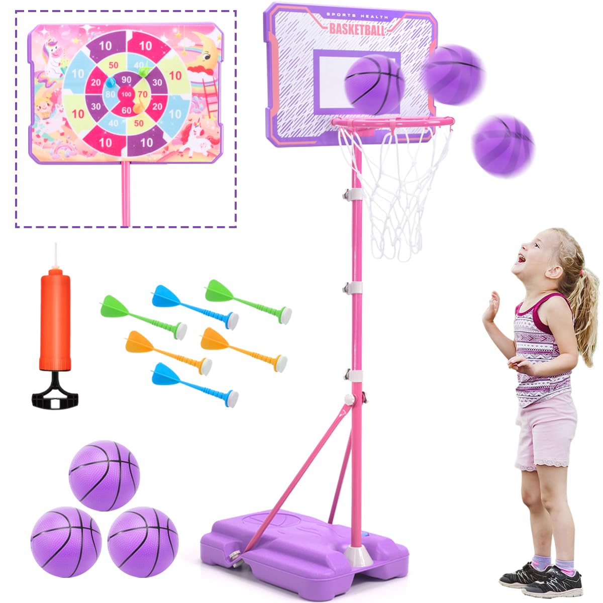 MELAND Basketball Hoop - Pink Basketball Hoop for Kids With Adjustable Height, Toys for 3+ year old Boys Girls