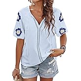 Pinclodly Mexican Embroidered Tops for Women Floral Short Sleeve Boho Tops Bow Tie V Neck Peasant Blouse Loose Summer Tops