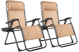 Goplus Zero Gravity Chairs Set of 2, X-Large Outdoor Lounge Lawn Chair with Cup Holder & Detachable Headrest, Adjustable Folding Patio Recliner for Pool Porch Deck Oversize (Beige)