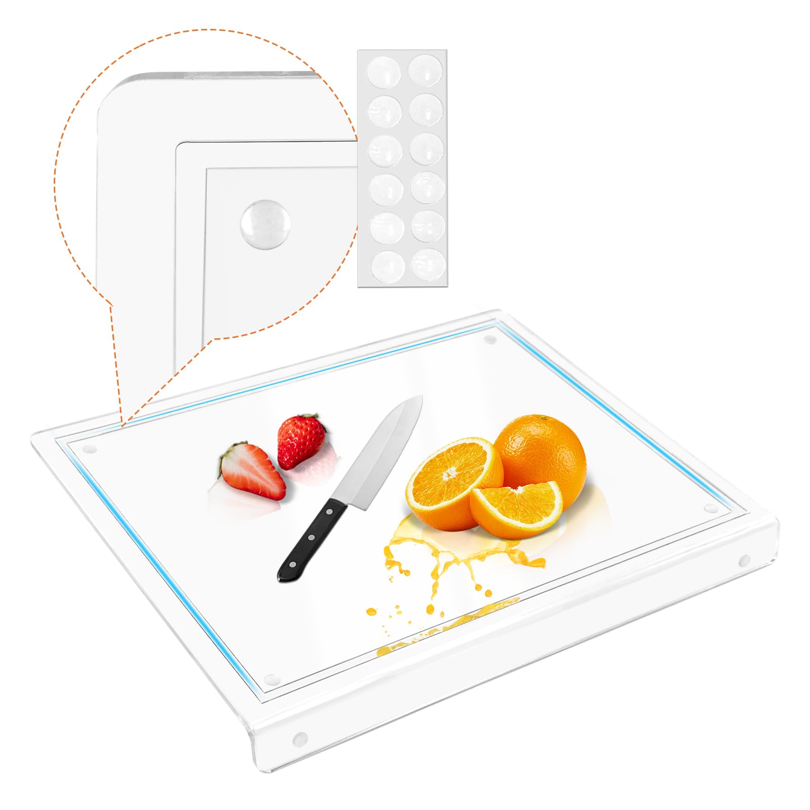 Daily Treasures 5mm Acrylic Cutting Board with Counter Lip,42x34cm Clear Chopping Board with Groove,Lagre Counter Edge Chopping Board,Non Slip Clear Cutting Board for Kitchen Counter Worktop Protector