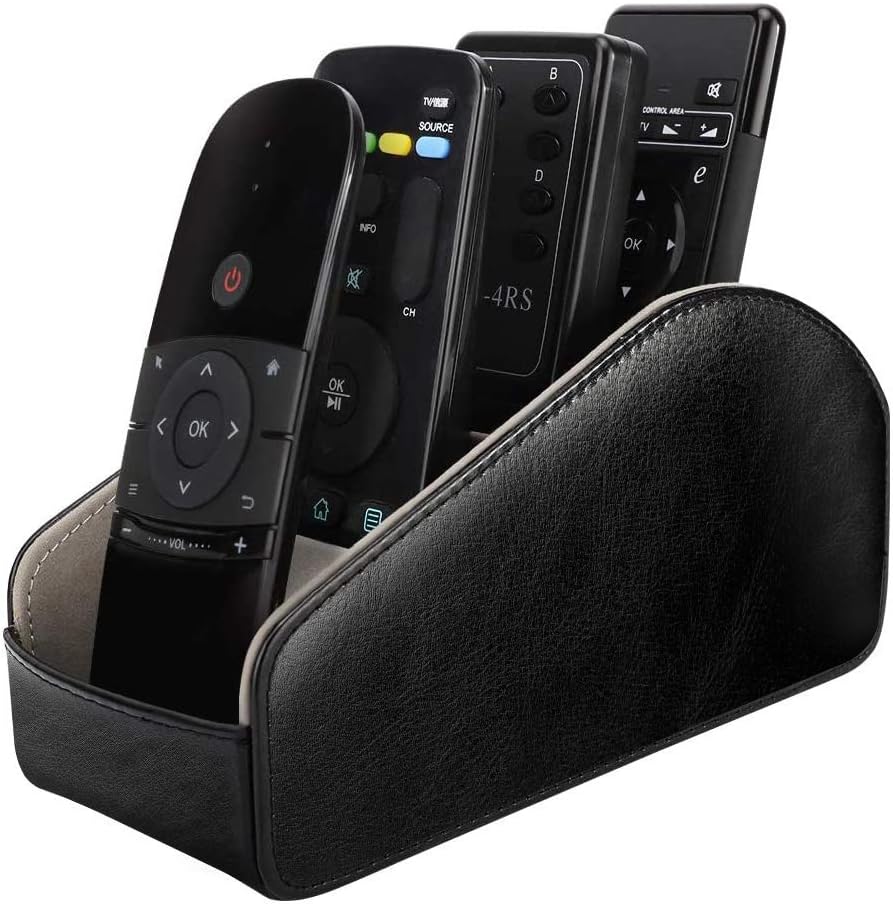 MoKo Leather TV Remote Control Holder, 5-Compartment Desktop Organizer for Controllers Office Supplies, Media Accessory Storage - Black