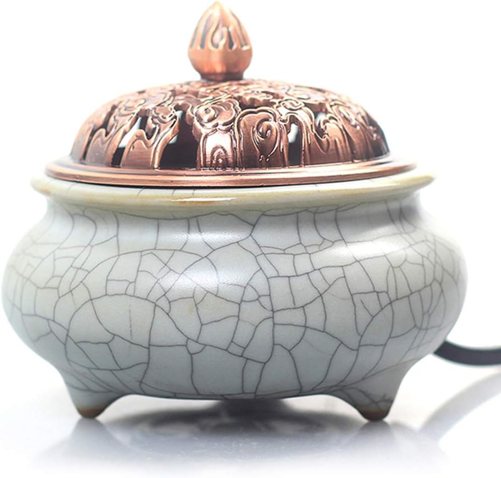 Ceramic Home Decration Incense Sticks or Burner Porcelain Incense Holder,Censer Aroma Diffuser with Adjustable Timer,Copper Cover Holders,Daily Aromatherapy Necessities for Office