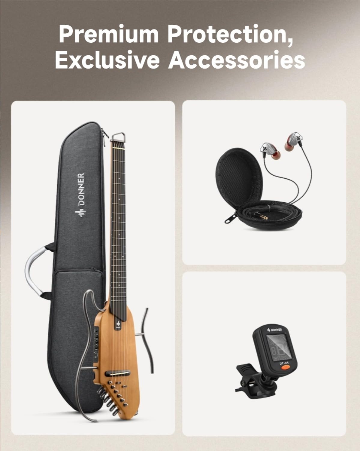 Donner HUSH I Guitar For Travel - Portable Ultra-Light and Quiet Performance Headless Acoustic-Electric Guitar, Maple Body with Removable Frames, Gig Bag, and Accessories