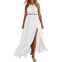 lilbetter women's beach crochet backless bohemian halter maxi long dress Hippie Backless Halter Maxi Dress – Boho Cascading Ruffle Long Dress in Blue | Women's Boho Fashion | S main image 1