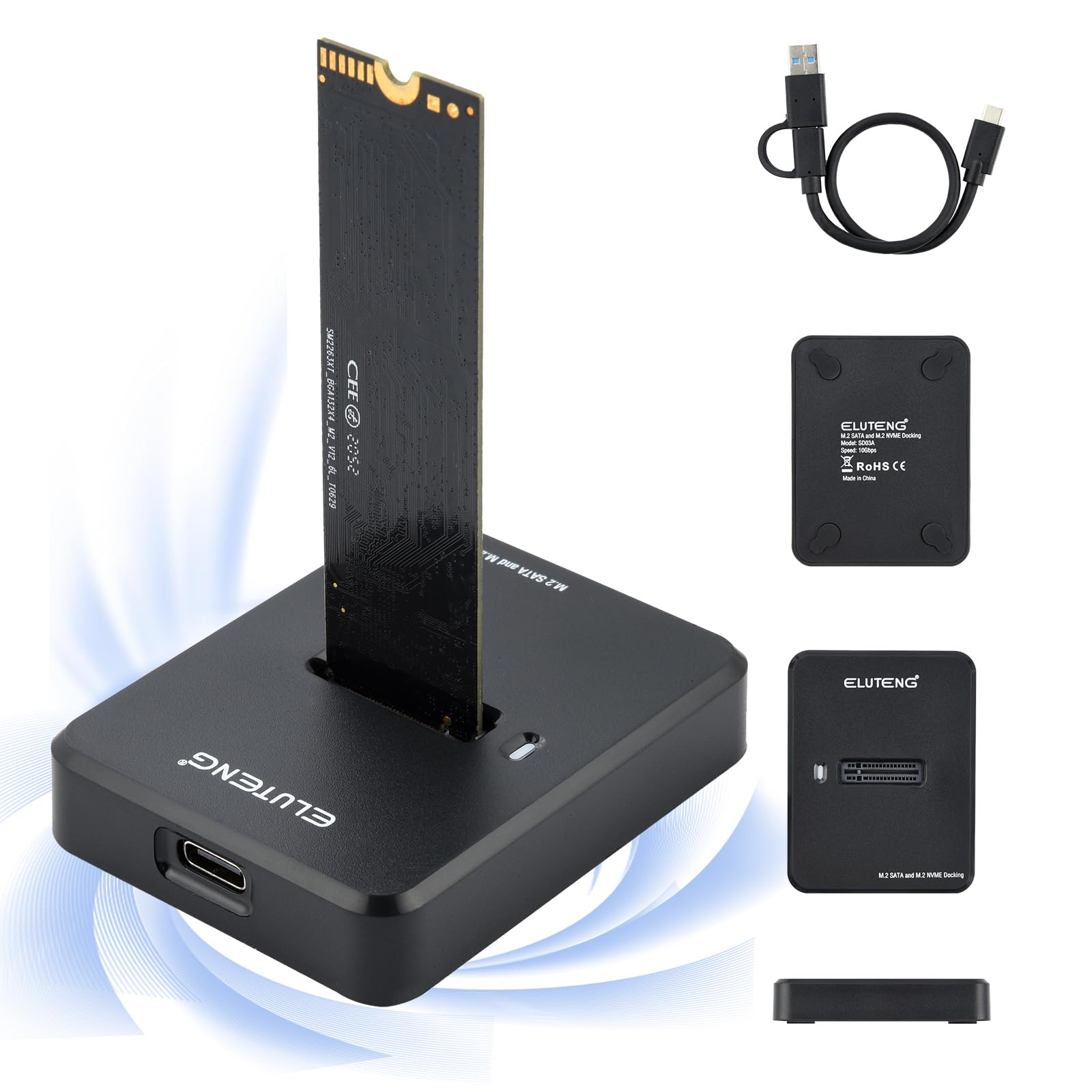 ELUTENG Festplatten Dockingstation, M.2 NVME & SATA Docking Station, 10Gbps M2 SSD auf USB Gehäuse für M-Key B+M Key, Duales Protokoll Adapter für 2230 2242 2260 2280 SSD mit Anti-Rutsch-Pads 2