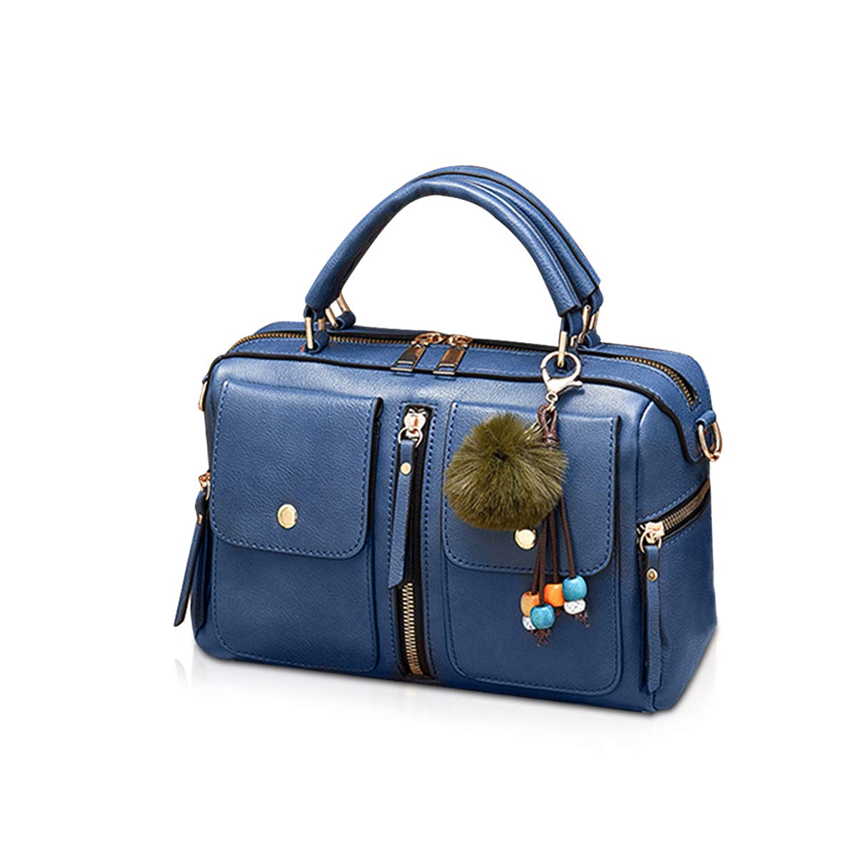 NICOLE&DORIS Women Handbag Pompon Fashion Style Zipper Shoulder Bag Ladies Tote Crossbody Blue PU Leather Small Square Bag