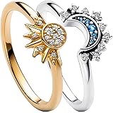 UNE DOUCE Celestial Sun and Moon Ring Set, Sparkling Sun Ring/Blue Moon Ring with 14k Gold/Silver Plating, New Release Friend
