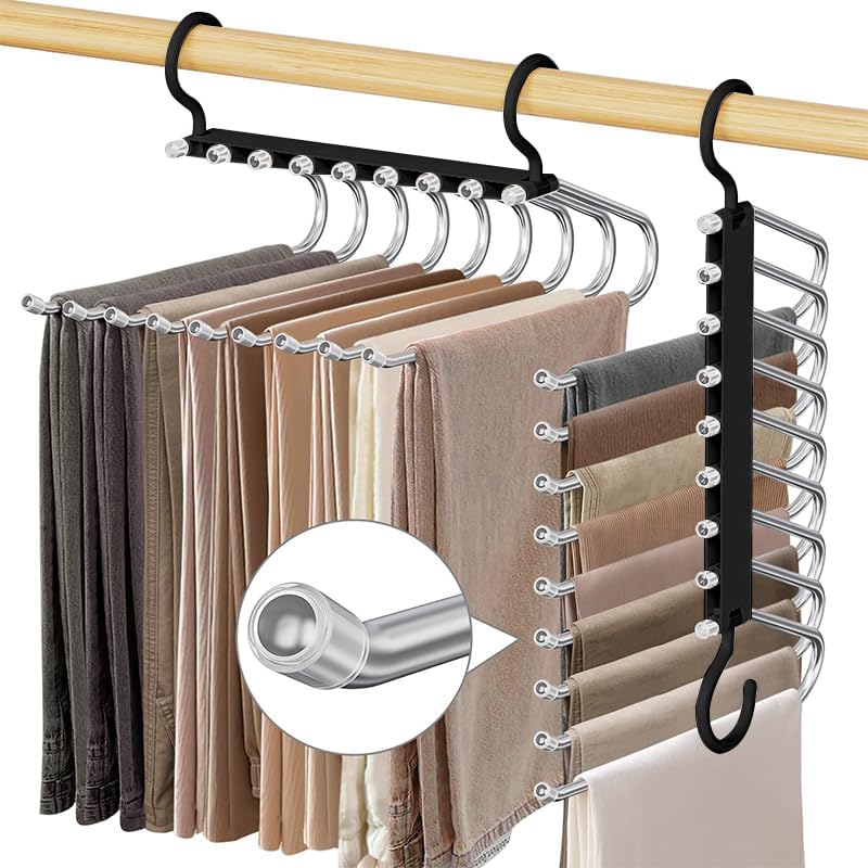 WEKIWGOT 9 in 1 Trouser Hangers, 2 Pieces Multifunctional Space Saving Rack Hanger for Organizing Closets, Trousers for Women and Men, Jeans, Bras, Scarves and Ties (Black)