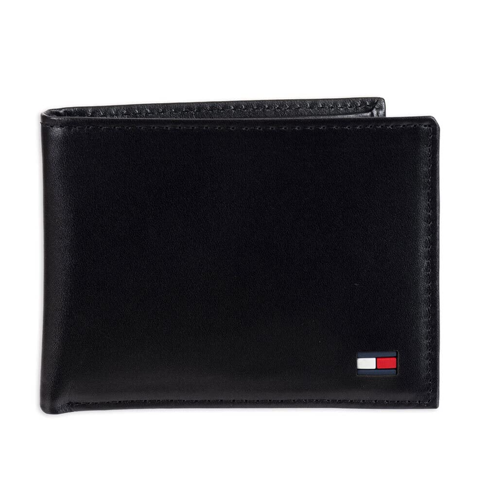 Tommy Hilfiger Men's Classic Logo Style Passcase Bifold Wallet with Multiple Card Slots and ID Window, Black Dore, One size