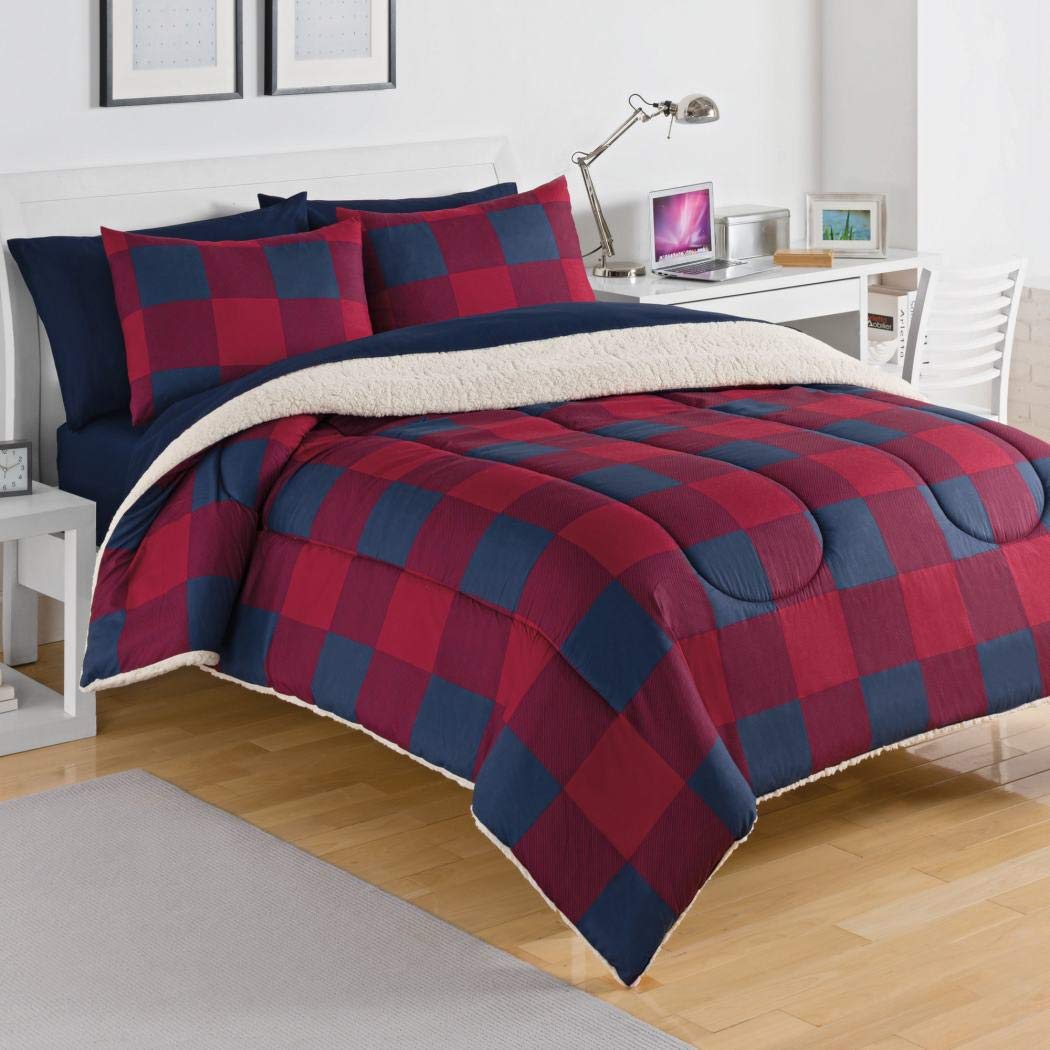 D&D 3pc Tan Blue Red Plaid Comforter King Set, Cozy Warm