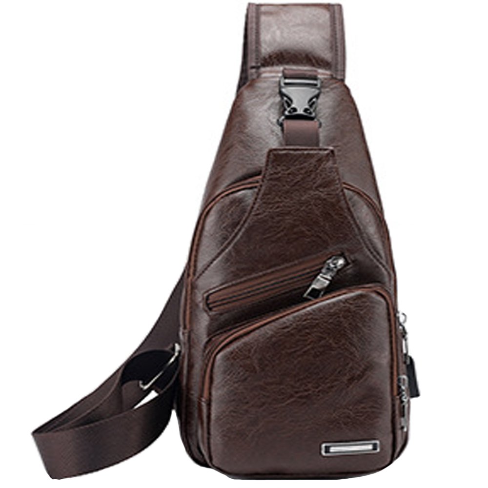 Rullar Waterproof Leather Sling Bags Chest Shoulder Crossbody Messenger Business Travel Hiking School Multipurpose Daypack Purse Backpack for Mens Womens Dark Brown