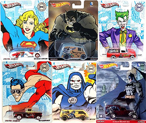 Batman DC Comics Hot Wheels Pop Culture Set Batman Quick D-Livery 2016, The Joker Studebaker, Supergirl Dodge Airflow, Darkseid Van, Batman Dodge Delivery Bus, Plasticman Pickup Truck hero Cars