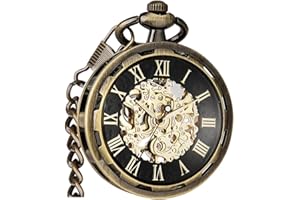 VIGOROSO Mens Classic Steampunk Pocket Watch with Chain Skeleton Hand Wind Mechanical Pocket Watches for Men & Women